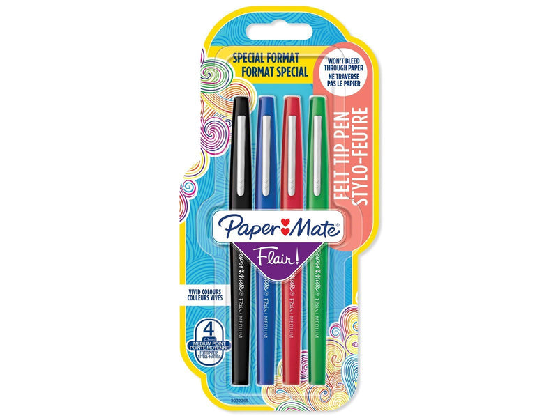 Paper Mate Flair Filzstifte | mittlere Spitze (0,7 mm) | Schwarz, Blau, Grün & Rot | 4 Stück