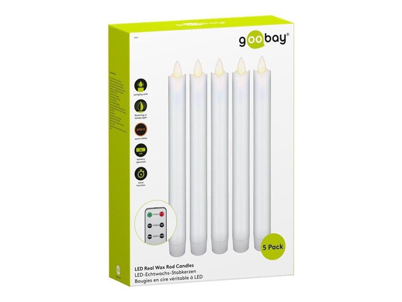 Pro Set of 5 white LED real wax rod candles incl. rem