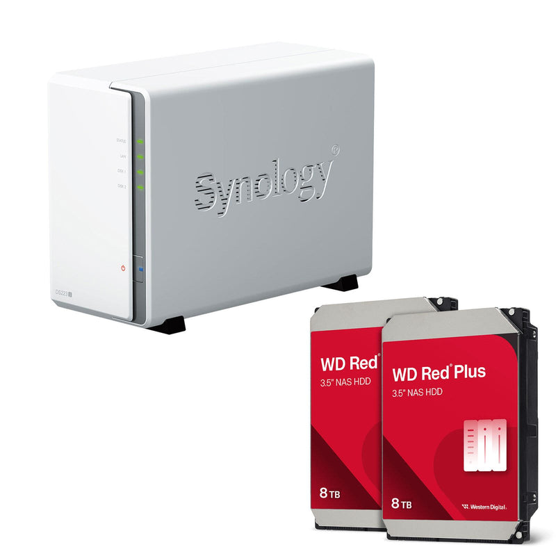 Synology DiskStation DS223J 2 Einschübe NAS-Server Leergehäuse + 16TB WD Red Plus SATA 3.5' Festplatten (2x 8TB)