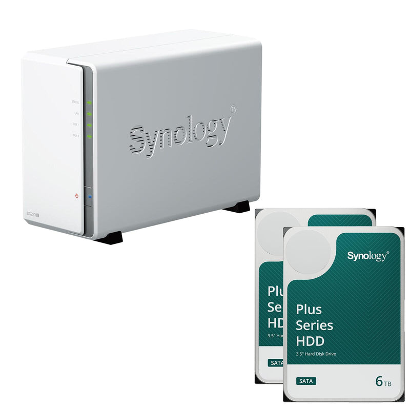 Synology DiskStation DS223J 2 Einschübe NAS-Server Leergehäuse + 2x Synology Plus 3.5' SATA HDD Festplatte 6 TB (12TB)