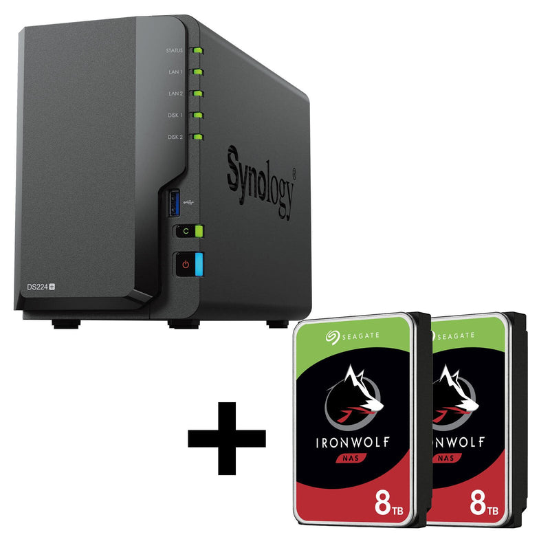 Synology DiskStation DS224+ 2 Einschübe NAS-Server Leergehäuse + 16TB (2x8TB) Seagate Ironwolf SATA 3.5' HDD Festplatten