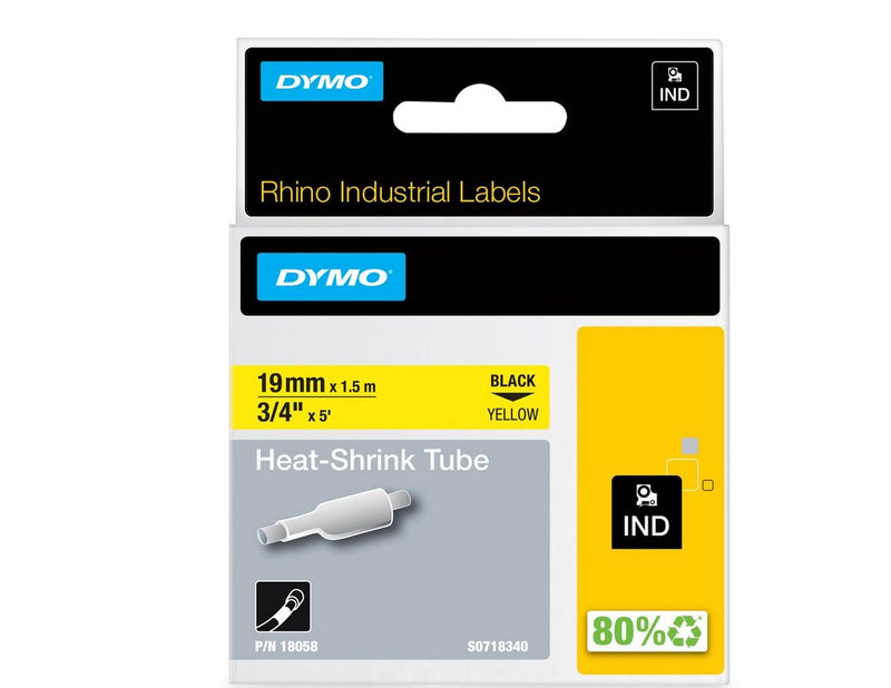 DYMO Rhino Industrie Schrumpfschlauch-Kabeletiketten | 19 mm x 1,5 m | Schwarz auf gelb