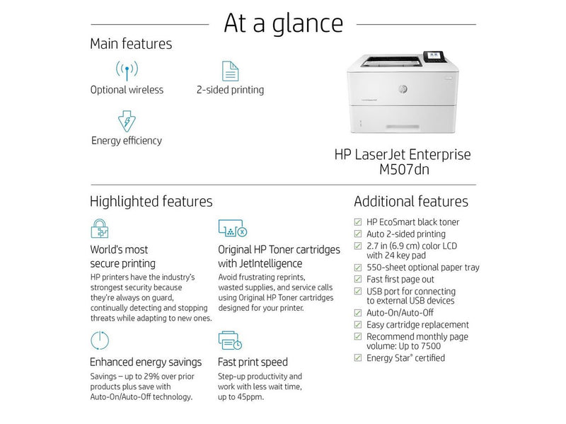 HP LaserJet Enterprise M507dn - Mono Laser - A4 Duplex - 43 ppm - Einfarbig - Laser
