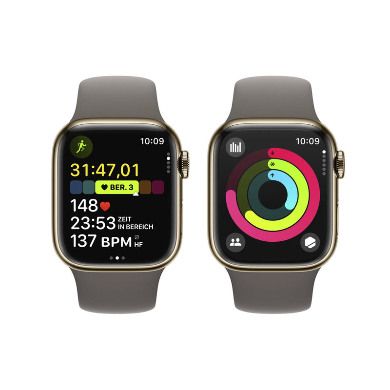 Apple Watch Series 9 (GPS + Cellular) 45mm Edelstahlgehäuse gold, Sportband grau M/L