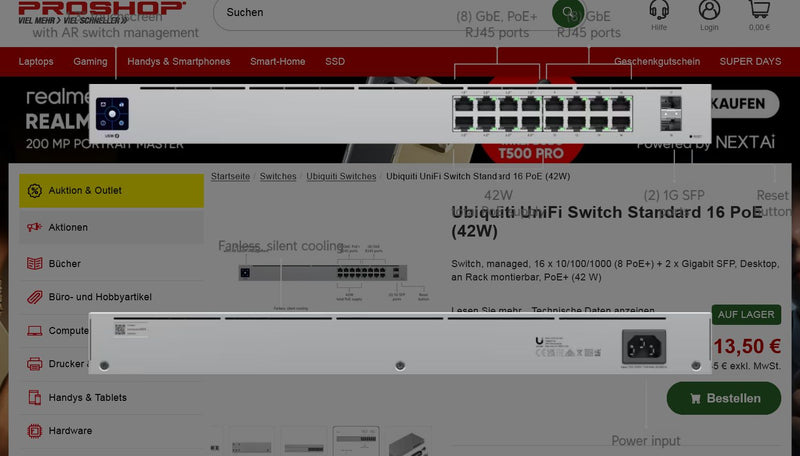 Ubiquiti UniFi Switch Standard 16 PoE (42W)