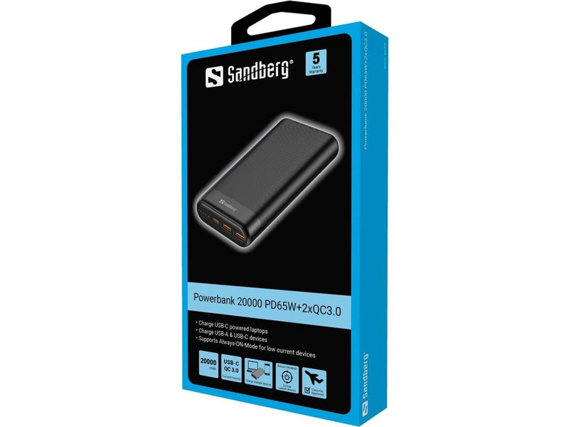 Sandberg Powerbank 20000 PD65W+2xQC3.0 Powerbank (Akku) - schwarz - 20000 mAh
