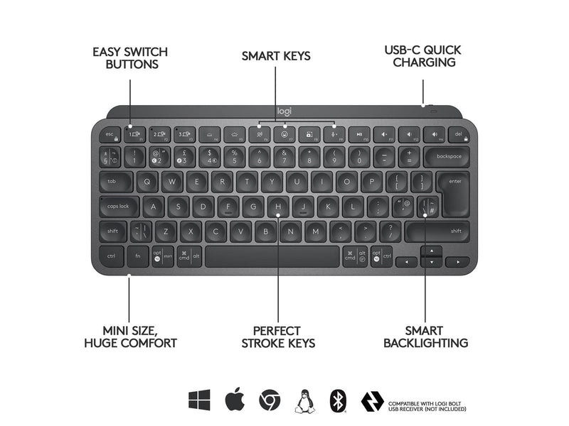 Logitech MX Keys Mini Minimalist Wireless Illuminated Keyboard - Graphite - US - Tastaturen - Englisch - US - Schwarz