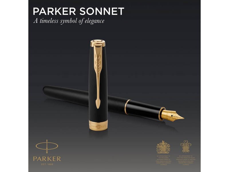 Parker Sonnet Füller | Matt-Schwarze Lackierung mit Goldzierteilen | Füllfederhalter mit feiner Feder | Geschenkbox