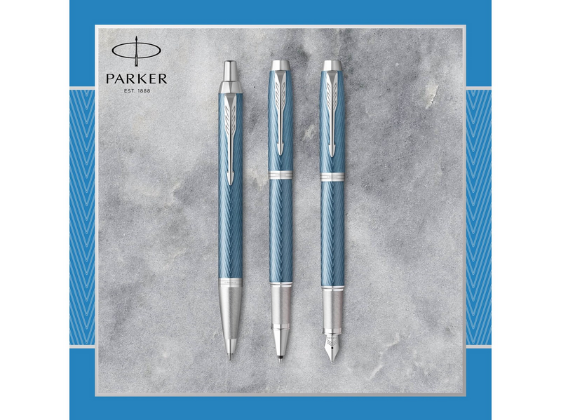 Parker IM Kugelschreiber | Blaugraue Premium-Lackierung mit Chromverzierung | Mittlere Schreibspitze mit blauer Nachfüllmine | Geschenkbox