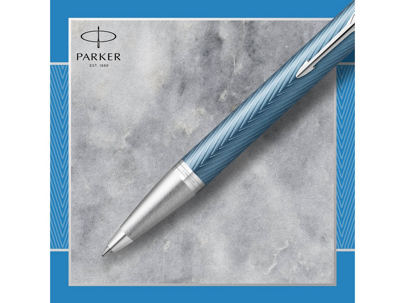 Parker IM Kugelschreiber | Blaugraue Premium-Lackierung mit Chromverzierung | Mittlere Schreibspitze mit blauer Nachfüllmine | Geschenkbox