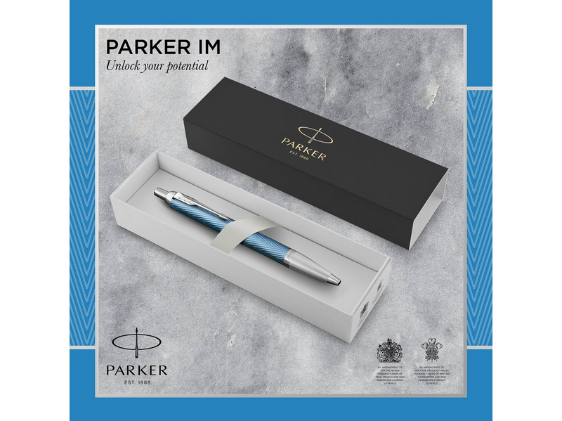Parker IM Kugelschreiber | Blaugraue Premium-Lackierung mit Chromverzierung | Mittlere Schreibspitze mit blauer Nachfüllmine | Geschenkbox