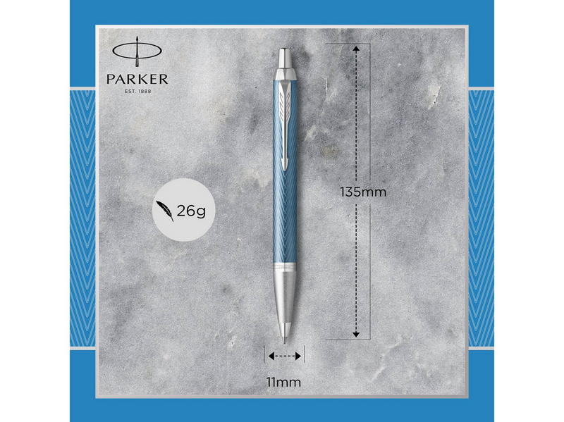 Parker IM Kugelschreiber | Blaugraue Premium-Lackierung mit Chromverzierung | Mittlere Schreibspitze mit blauer Nachfüllmine | Geschenkbox