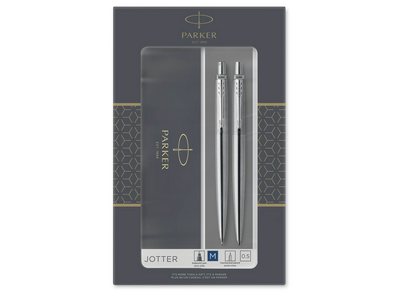 Parker Jotter Duo-Geschenkset mit Kugelschreiber und Druckbleistift (0,5 mm) | Edelstahl mit Chromzierteilen | Nachfüllmine mit blauer Tinte | Geschenkbox