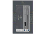 Parker Jotter Duo-Geschenkset mit Kugelschreiber und Füller | Edelstahl mit Chromzierteilen | Nachfüllmine und -patronen mit blauer Tinte | Geschenkbox