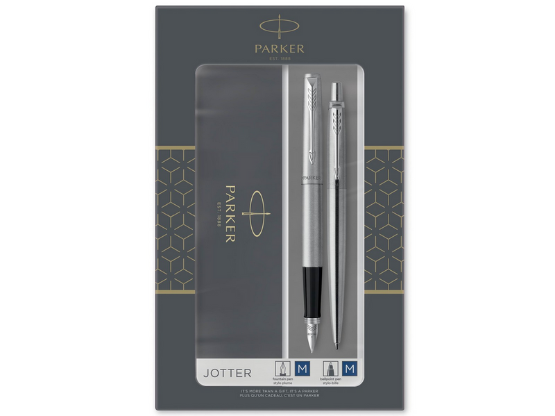 Parker Jotter Duo-Geschenkset mit Kugelschreiber und Füller | Edelstahl mit Chromzierteilen | Nachfüllmine und -patronen mit blauer Tinte | Geschenkbox