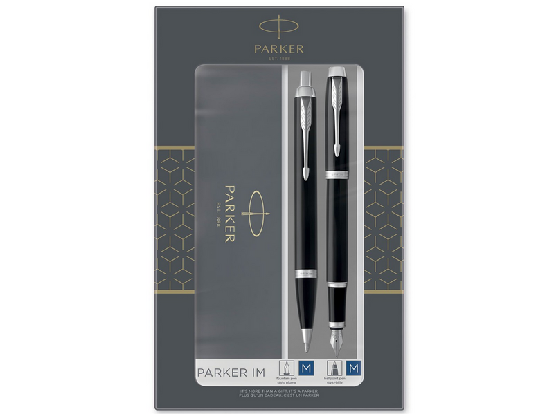 Parker IM Duo-Geschenkset mit Kugelschreiber und Füller | Hochglänzend Schwarz mit Chromzierteilen | Nachfüllmine und -patrone mit blauer Tinte | Geschenkbox