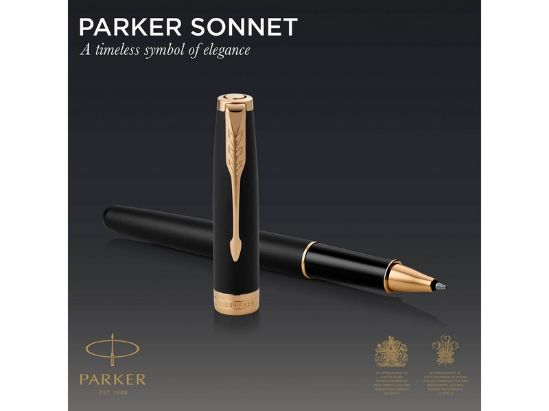 Parker Sonnet Tintenroller | Matt-Schwarze Lackierung mit Goldzierteilen | feine Spitze | Schwarze Tinte | Geschenkbox