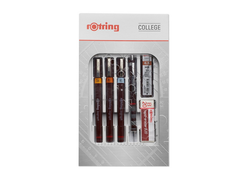 Rotring rOtring Isograph Fineliner College Set | 3 Isograph Tuschefüller (0,20 mm, 0,40 mm und 0,60 mm), Tikky Druckbleistift (0,5mm) und Zubehör