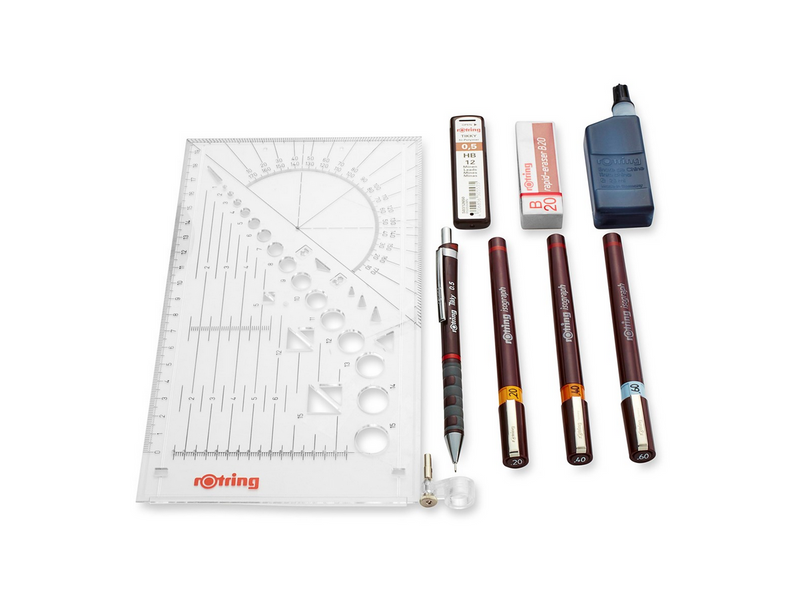 Rotring rOtring Isograph Fineliner College Set | 3 Isograph Tuschefüller (0,20 mm, 0,40 mm und 0,60 mm), Tikky Druckbleistift (0,5mm) und Zubehör
