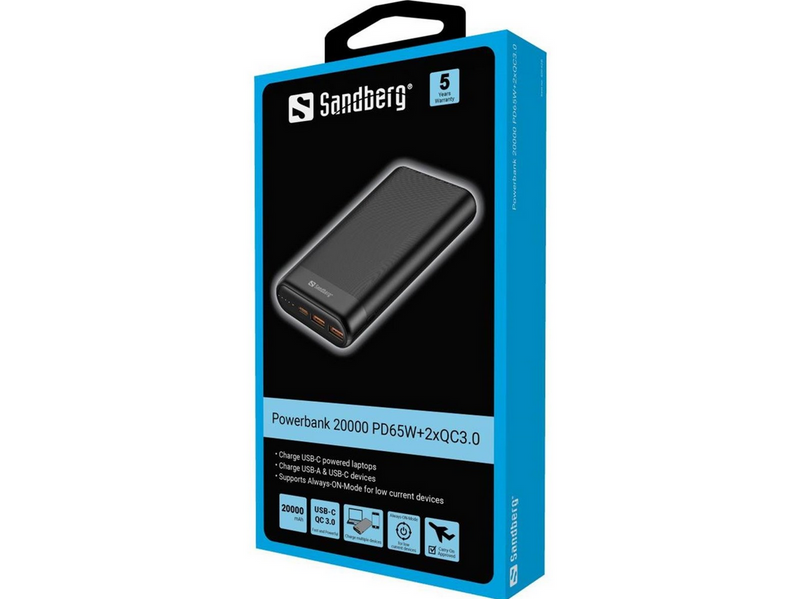 Sandberg Powerbank 20000 PD65W+2xQC3.0 Powerbank (Akku) - schwarz - 20000 mAh