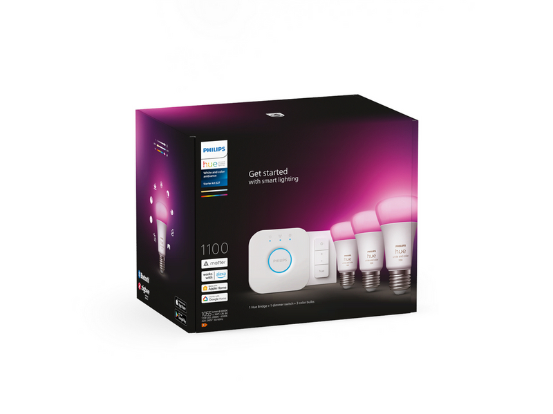 Philips Hue White & Color Ambiance Starter Kit — 3x E27 A60 Bulbs + Dimmer Switch + Hue Bridge
