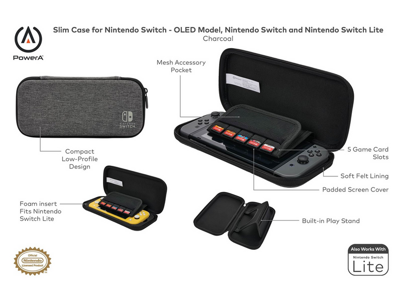 PowerA Slim Case for Nintendo Switch - OLED Model Nintendo Switch or Nintendo Switch Lite - Charcoal - Bag - Nintendo Switch