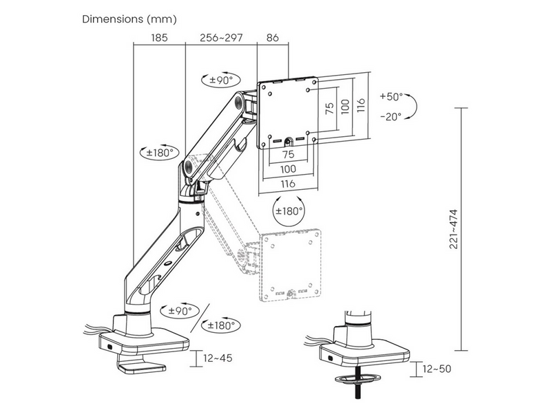 DUTZO Monitorarm für 1 Monitor (bis zu 49") - Heavy Duty mit USB A- und C-Anschlüssen - Weiß