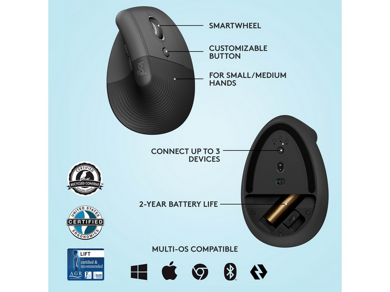 Logitech Lift Right Vertical - Graphite - Ergonomische Maus (Schwarz)