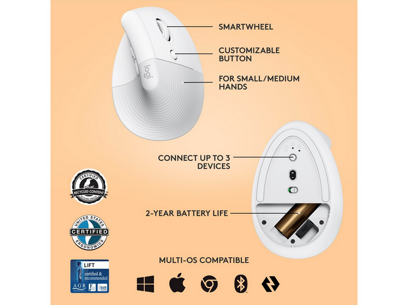 Logitech Lift Right Vertical - White - Ergonomische Maus (Weiß)