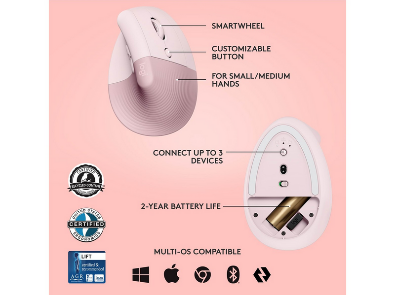 Logitech Lift Right Vertical - Rose - Ergonomische Maus (Rot)