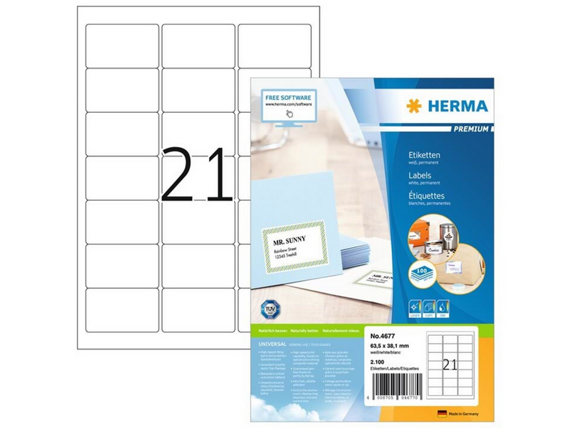 HERMA PREMIUM Adressetiketten A4, 63,5 x 38,1 mm, weiß, permanent haftend