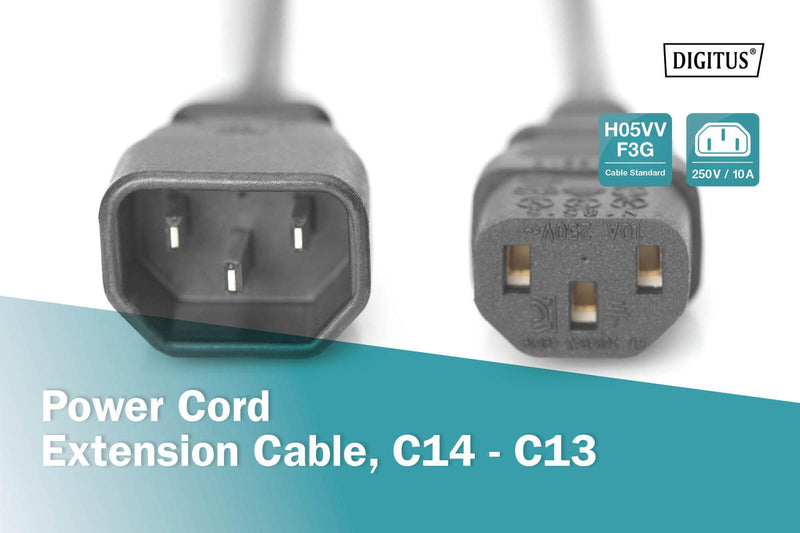 DIGITUS Netzkabelverlängerung, 1,8m, schwarz C13 auf C14 - IEC 60320 - Kaltgerätekabel-Verlängerung H05VV-F3G 0.75qmm