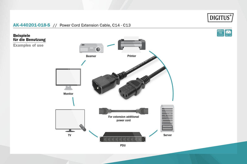 DIGITUS Netzkabelverlängerung, 1,8m, schwarz C13 auf C14 - IEC 60320 - Kaltgerätekabel-Verlängerung H05VV-F3G 0.75qmm
