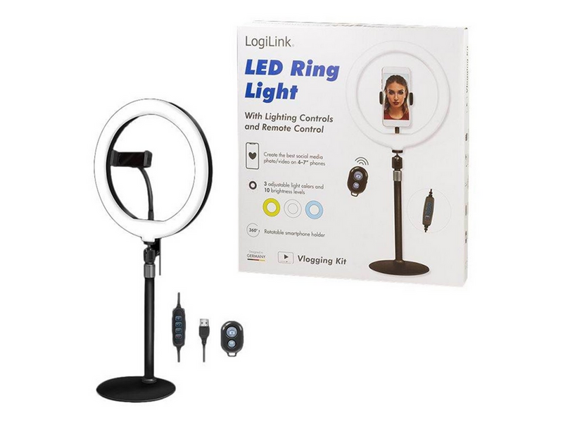 LogiLink Smartphone ring light tripod with remote shutter height adjust. Ø 25 cm
