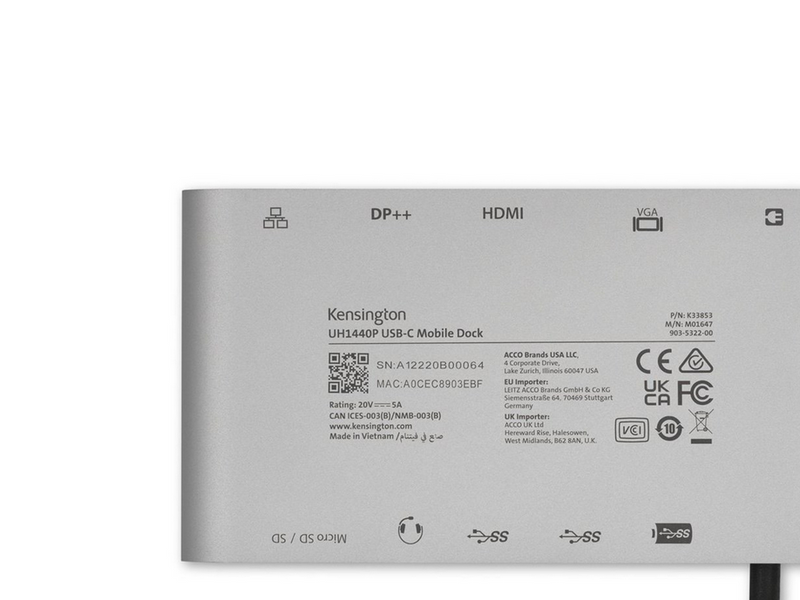 Kensington UH1440P USB-C 5Gbps Dual Video Driverless Mobile Dock – 85W Pass-Through Power – DP/HDMI/VGA