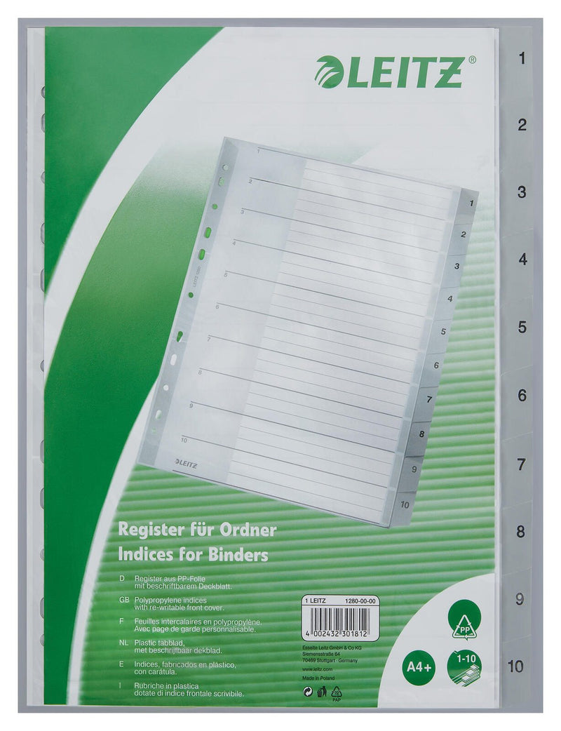 LEITZ Ordnerregister 1280 Vollformat, Überbreite 1-10 - grau