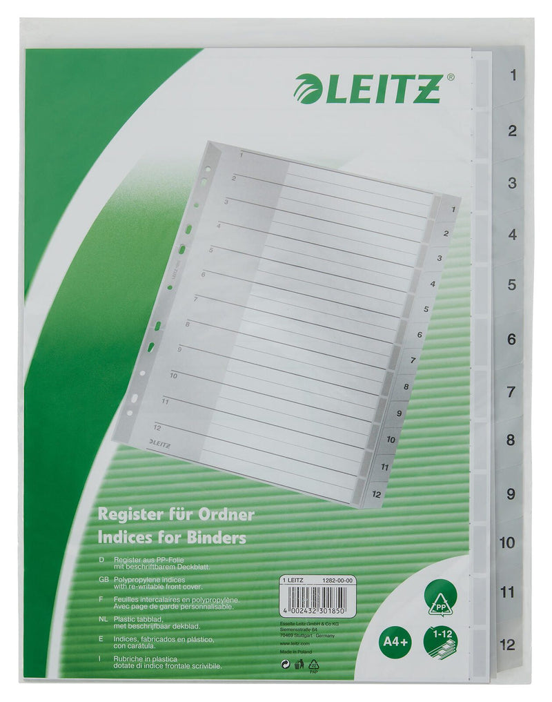 LEITZ Ordnerregister 1282 Vollformat, Überbreite 1-12 grau - 1 Satz