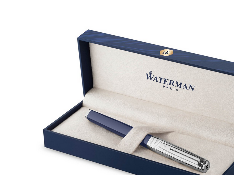 Waterman Exception Füller | Metall & Blau Lack mit Palladium-Zierteilen und gravierte Kappe | 18 kt Gold | Füllfederhalter mit feiner Feder | Geschenkbox