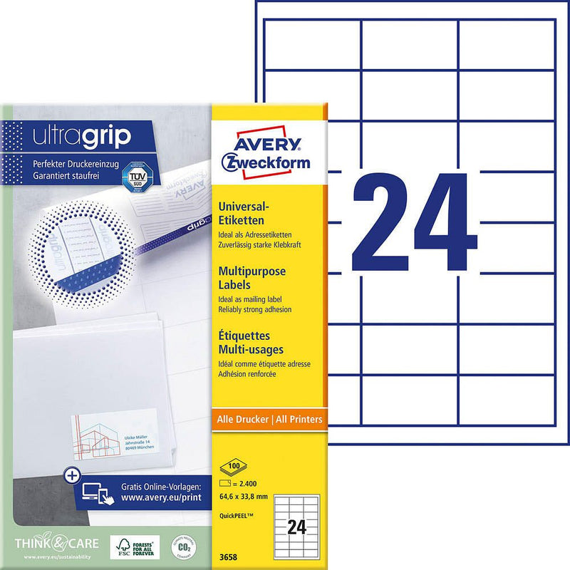 AVERY Zweckform Etiketten 3658 weiß 64,6 x 33,8 mm - 2.400 Stück