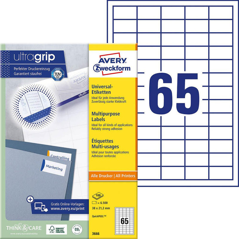 AVERY Zweckform Etiketten 3666 weiß 38,0 x 21,2 mm - 6.500 Stück