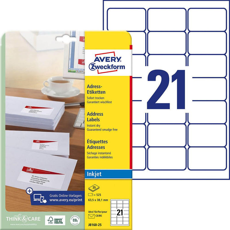 AVERY Zweckform Adressetiketten J8160-25 weiß 63,5 x 38,1 mm - 525 Stück