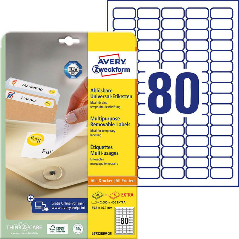AVERY Zweckform Etiketten L4732REV-25 weiß 35,6 x 16,9 mm - 2.400 Stück