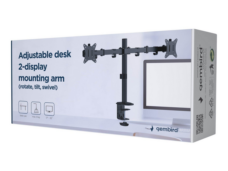 Gembird Monitor Arm Pole - Adjustable desk arm 2-displays 17"-32"