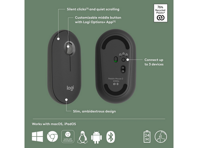 Logitech Pebble Mouse 2 M350s Wireless - Tonal Graphite - Maus (Schwarz)