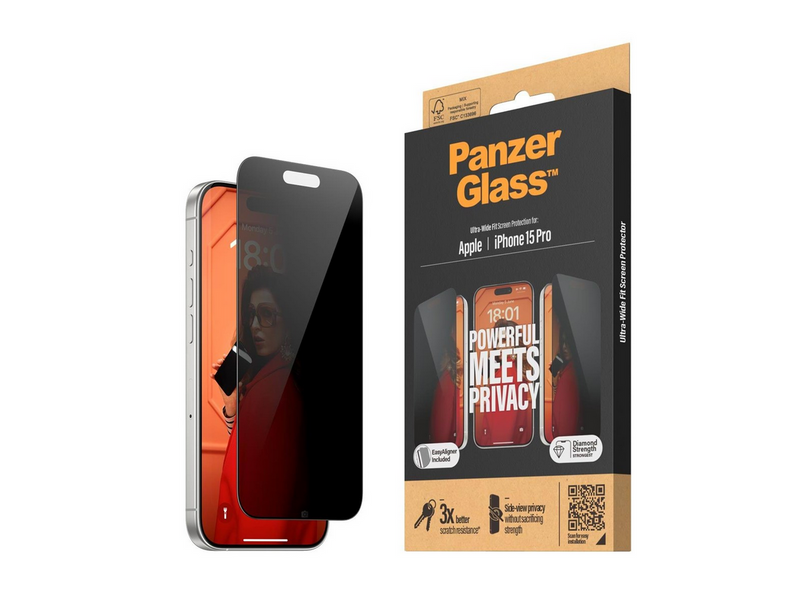 PanzerGlass Privacy Screen Protector iPhone 15 Pro | Ultra-Wide Fit w. EasyAligner