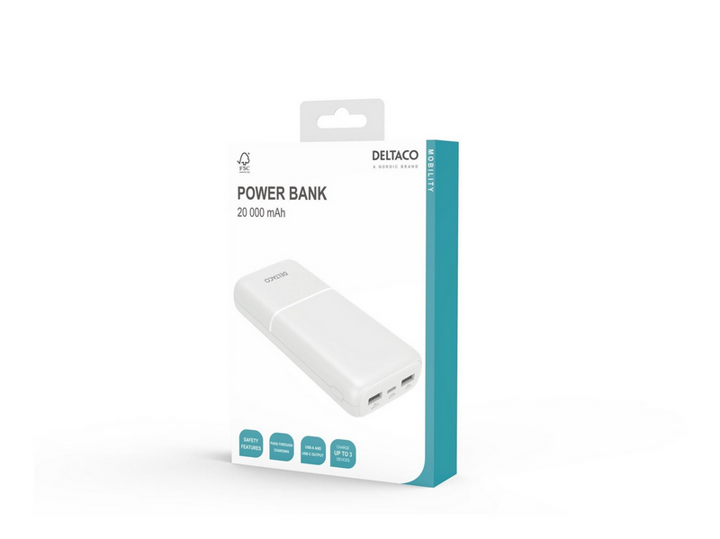 Deltaco PB-C1006 Powerbank | 2x USB-A | 1x USB-C | White - 20000 mAh