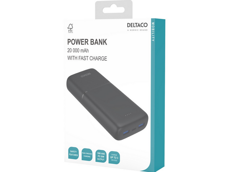 Deltaco PB-C1008 Powerbank | 2x USB-A + 1x USB-C | PD | Black - 20000 mAh