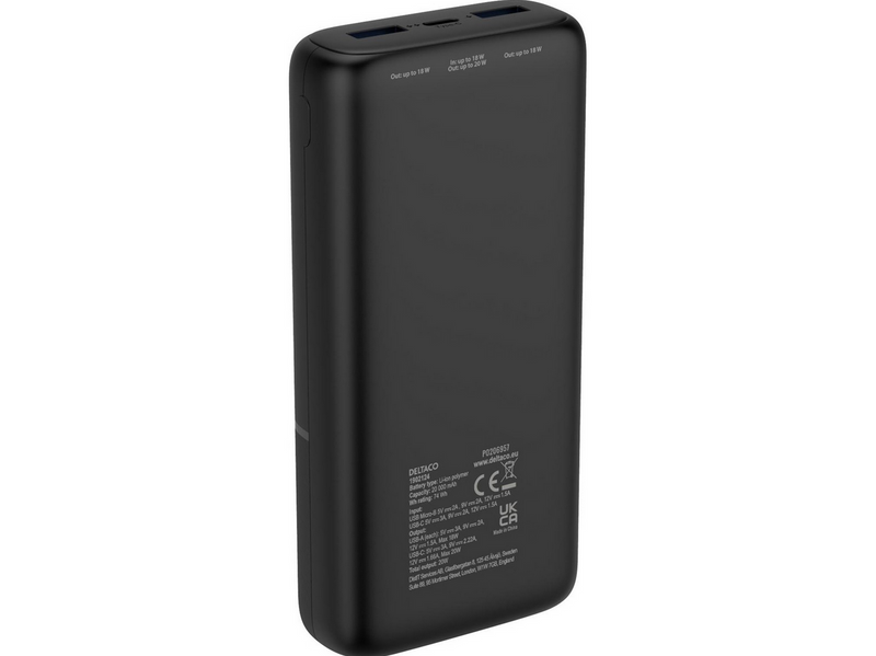 Deltaco PB-C1008 Powerbank | 2x USB-A + 1x USB-C | PD | Black - 20000 mAh