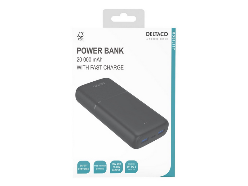 Deltaco PB-C1008 Powerbank | 2x USB-A + 1x USB-C | PD | Black - 20000 mAh