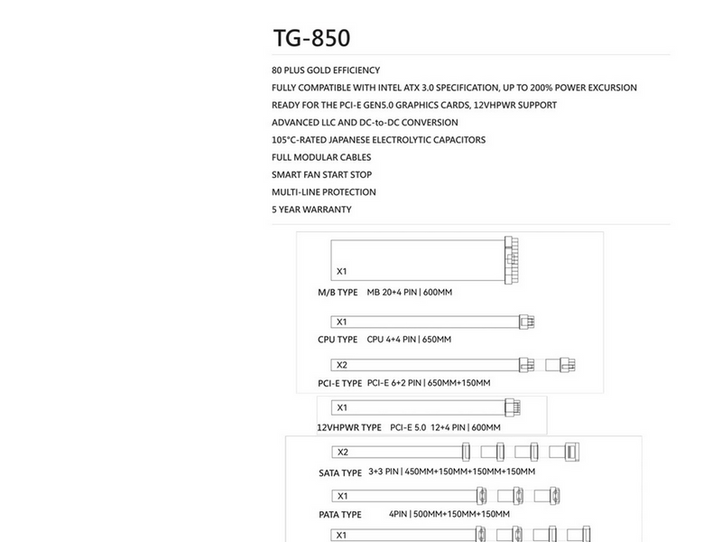 Thermalright TG (Modular) Weiß - Netzteile - 850 Watt - 120 mm - ATX 3.0 - 80 Plus Gold zertifiziert